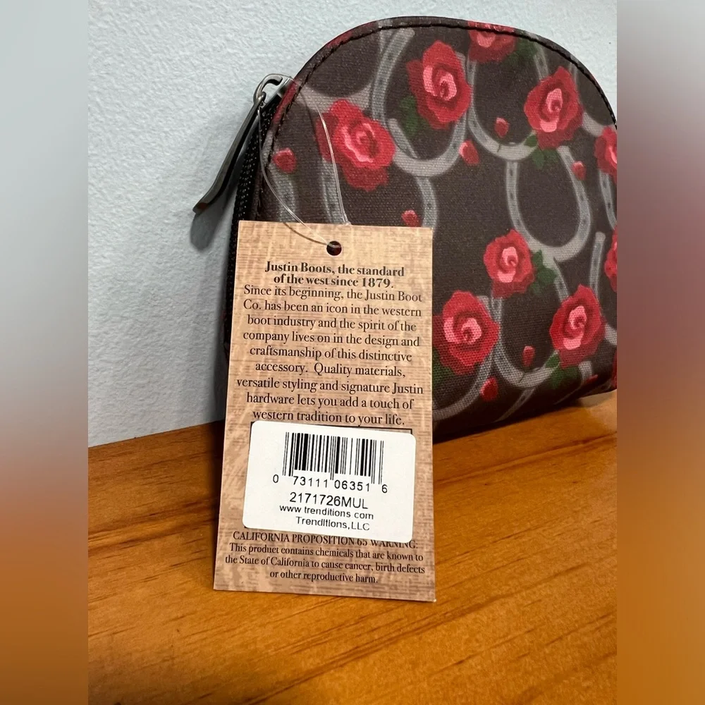 JUSTIN BOOTS NWT Western Dome Cosmetic Bag Horseshoe Roses Brown Red Pocket NEW